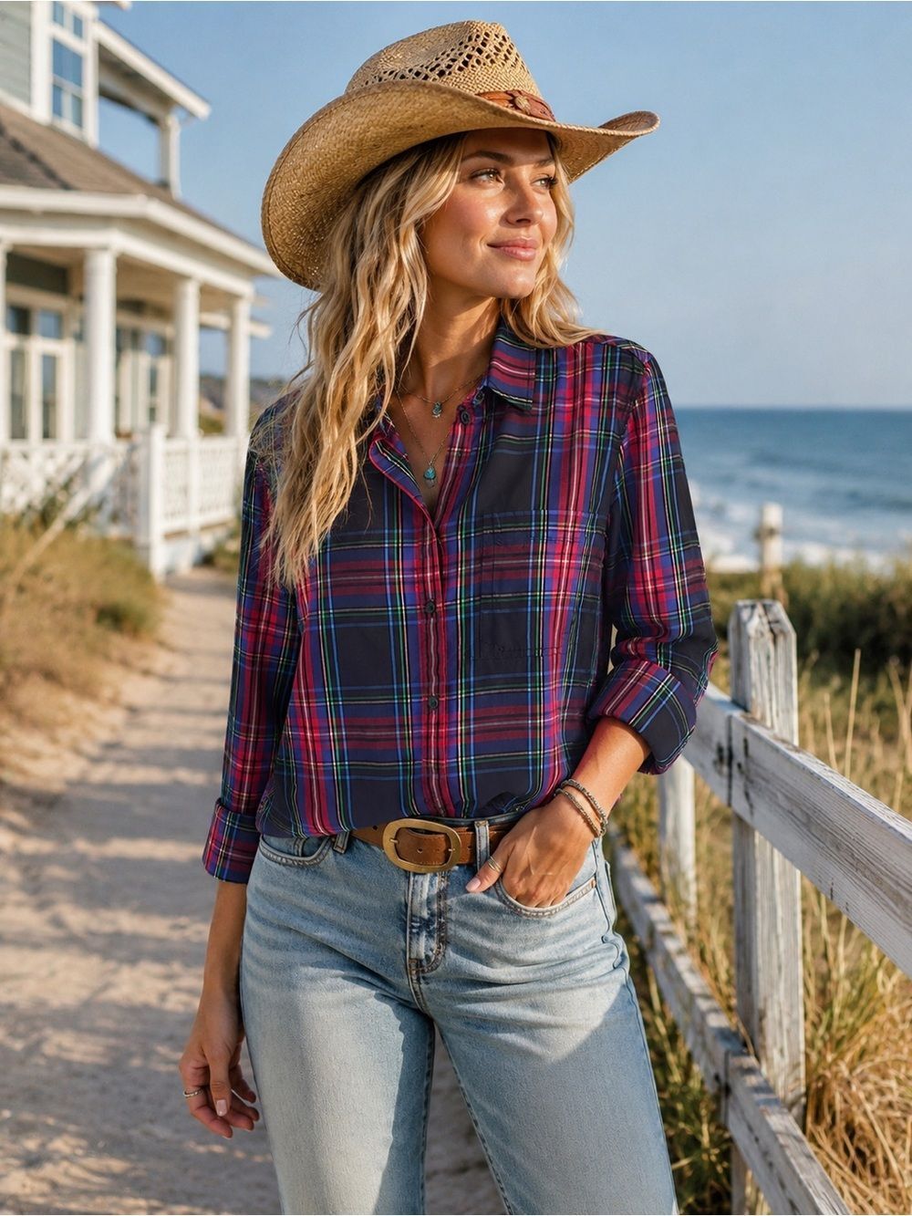 J. Crew Navy Plaid Button-Down Shirt Coastal Cowgirl Aesthetic